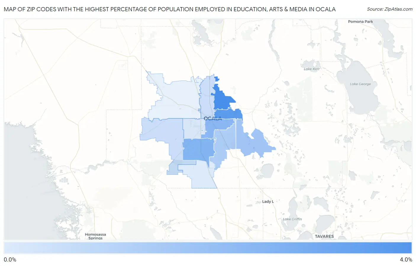 Zip Codes with the Highest Percentage of Population Employed in Education, Arts & Media in Ocala Map