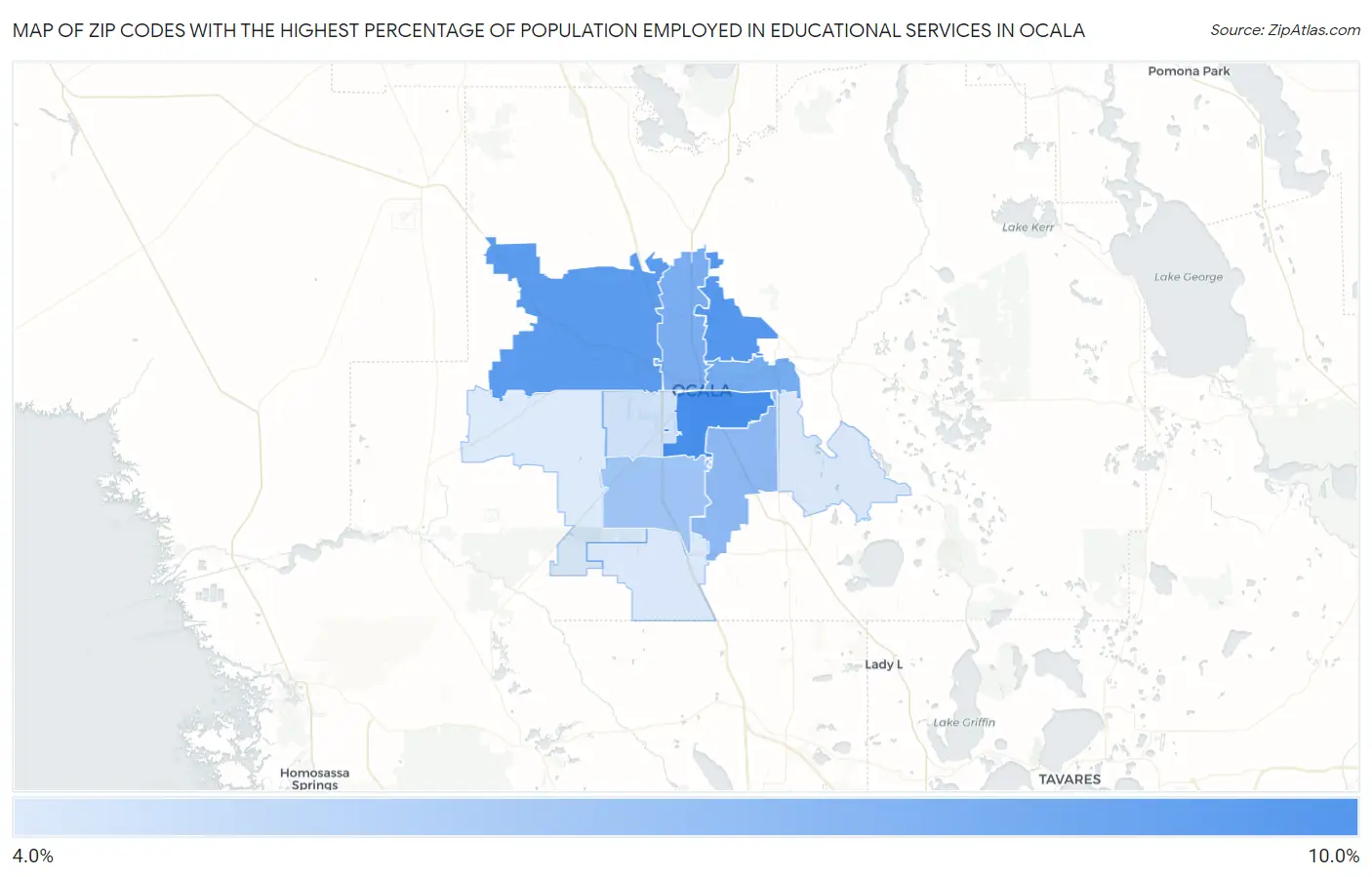 Zip Codes with the Highest Percentage of Population Employed in Educational Services in Ocala Map