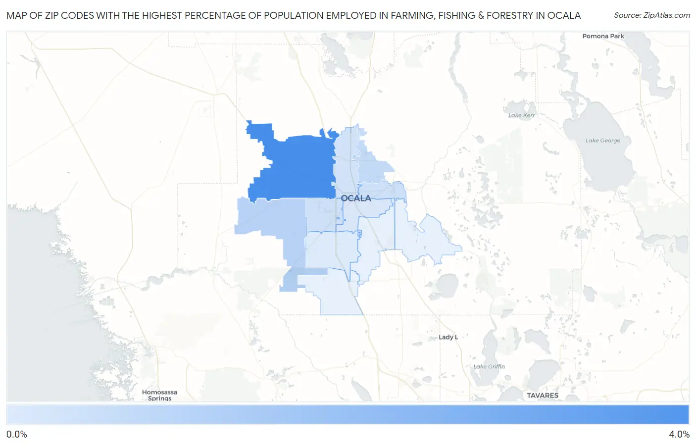 Zip Codes with the Highest Percentage of Population Employed in Farming, Fishing & Forestry in Ocala Map