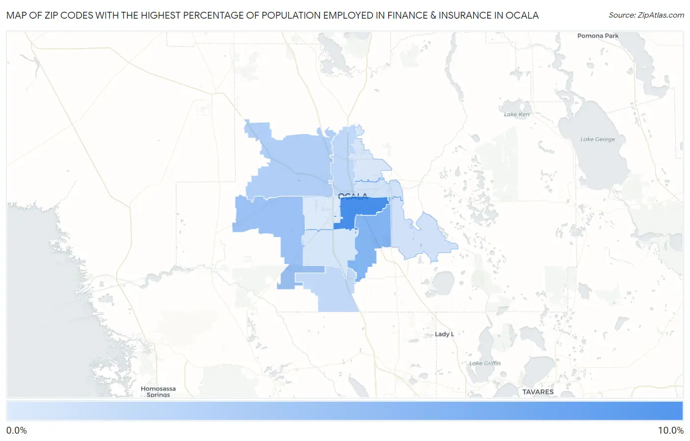 Zip Codes with the Highest Percentage of Population Employed in Finance & Insurance in Ocala Map