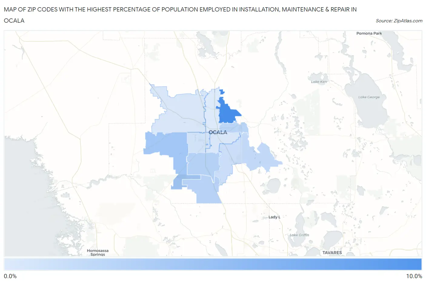 Zip Codes with the Highest Percentage of Population Employed in Installation, Maintenance & Repair in Ocala Map