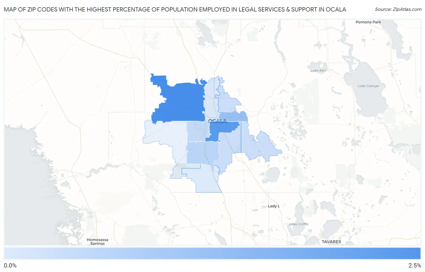 Zip Codes with the Highest Percentage of Population Employed in Legal Services & Support in Ocala Map