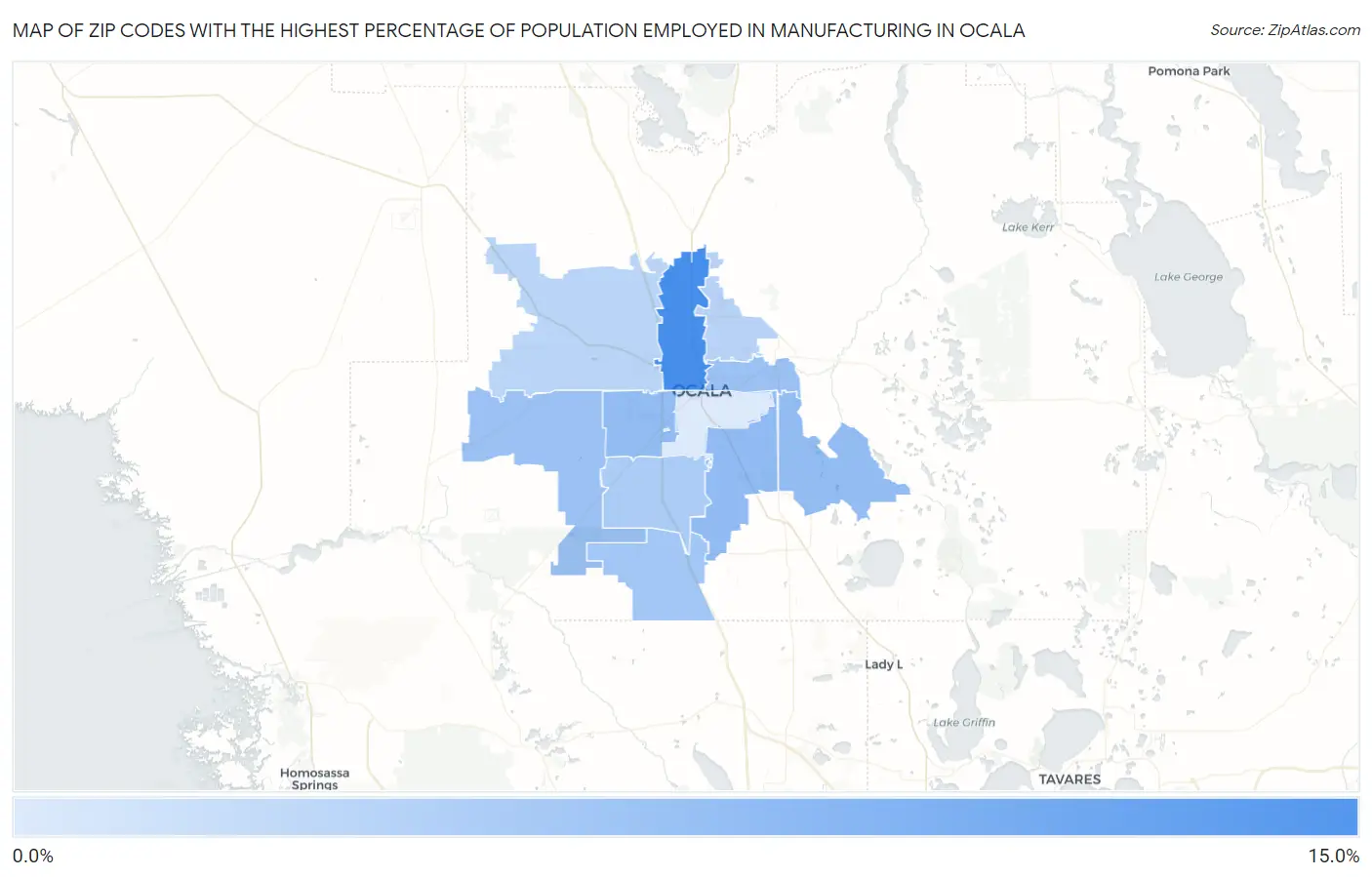 Zip Codes with the Highest Percentage of Population Employed in Manufacturing in Ocala Map