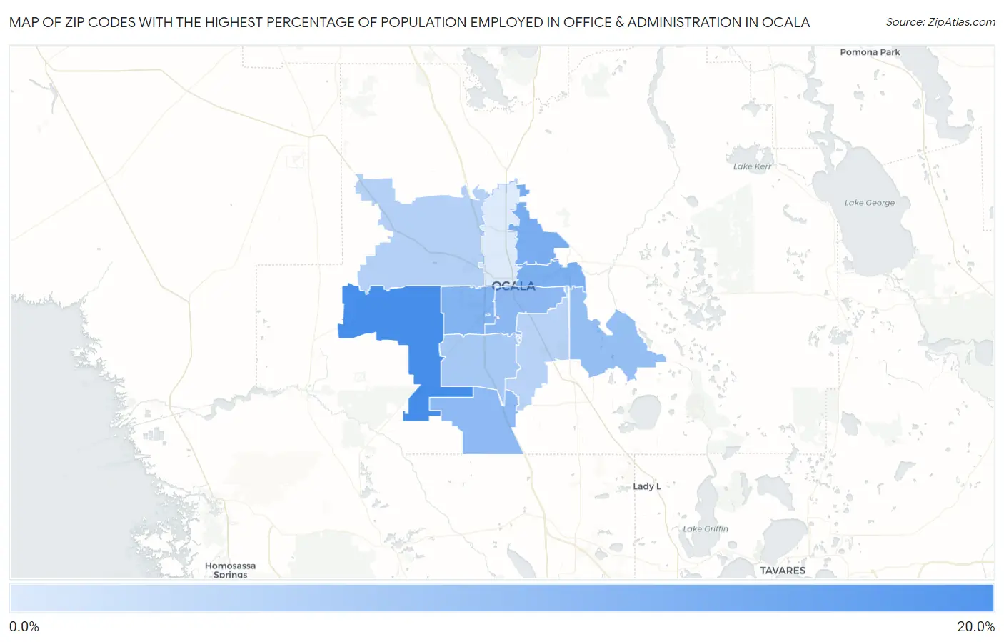 Zip Codes with the Highest Percentage of Population Employed in Office & Administration in Ocala Map