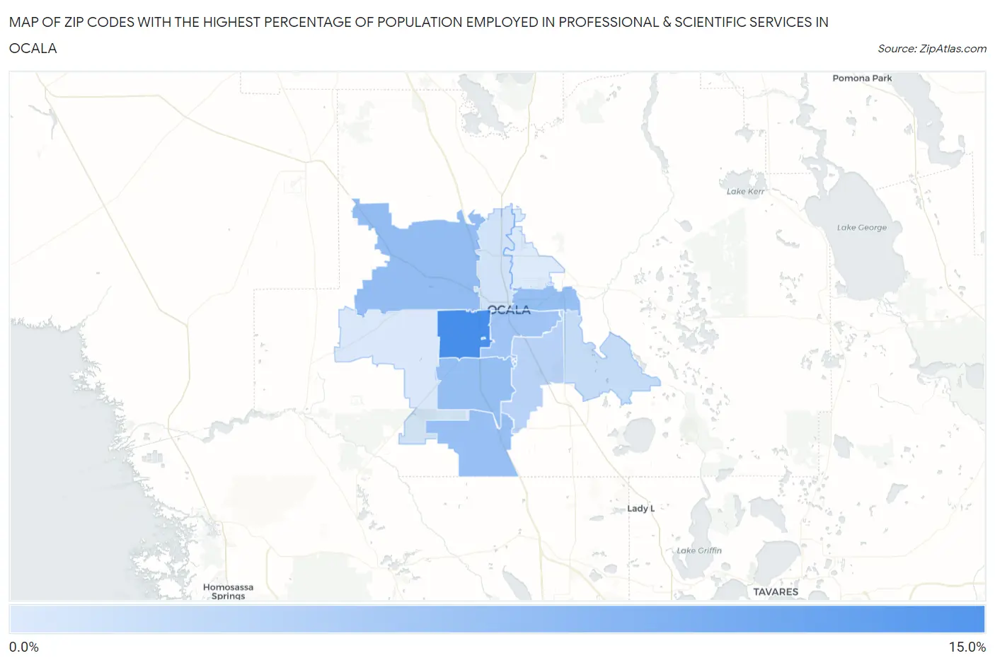 Zip Codes with the Highest Percentage of Population Employed in Professional & Scientific Services in Ocala Map