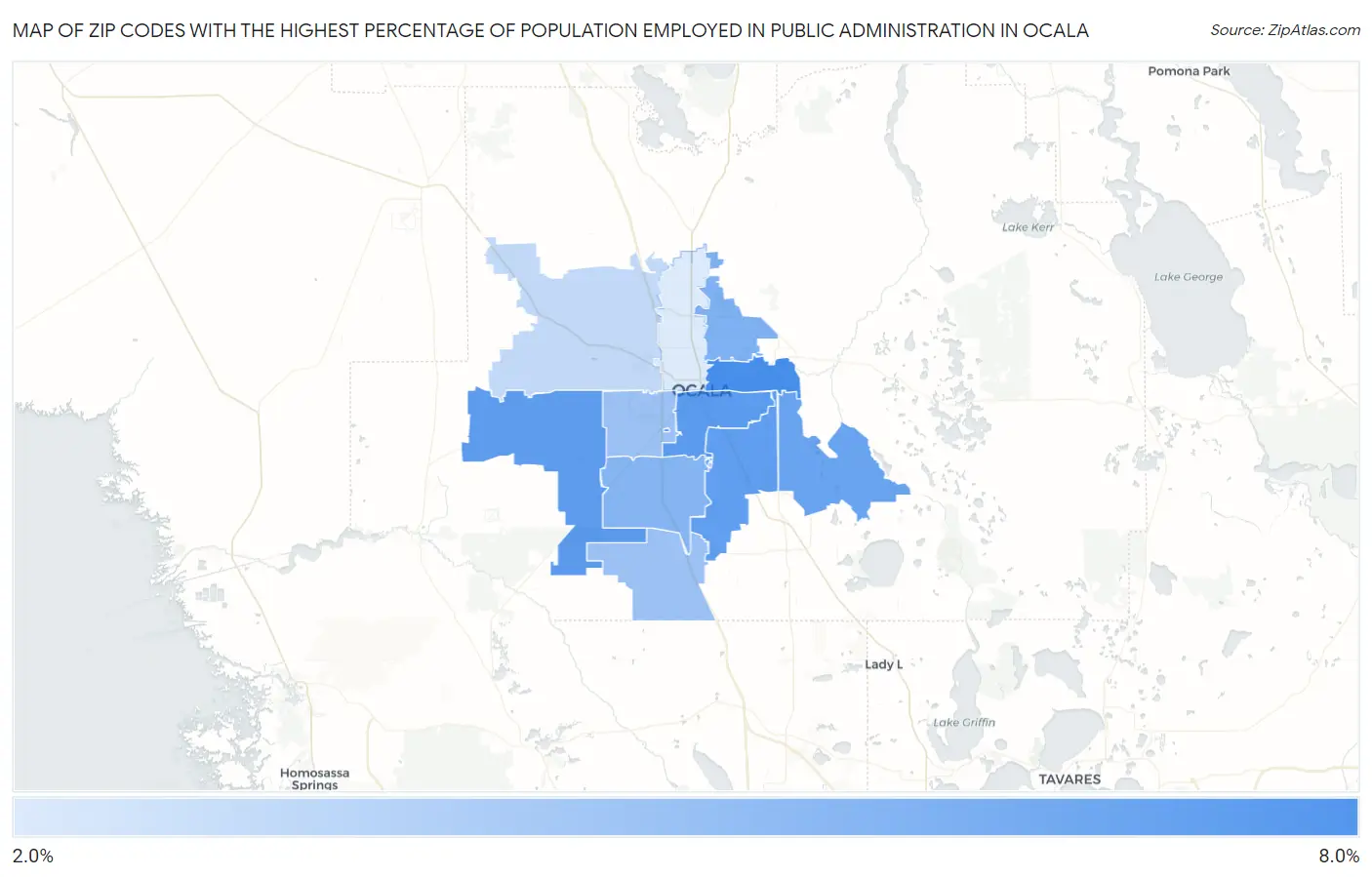 Zip Codes with the Highest Percentage of Population Employed in Public Administration in Ocala Map