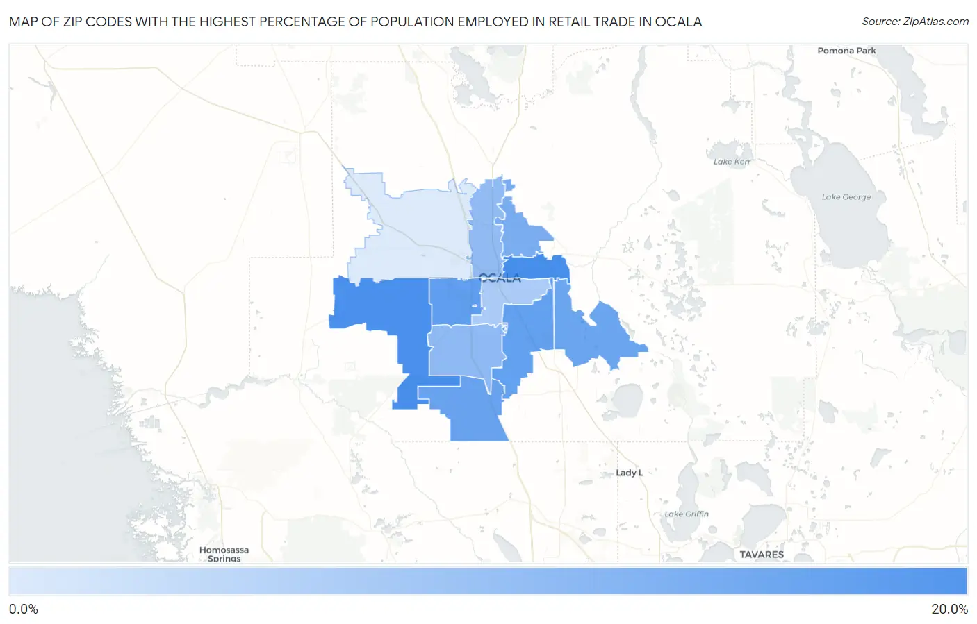 Zip Codes with the Highest Percentage of Population Employed in Retail Trade in Ocala Map