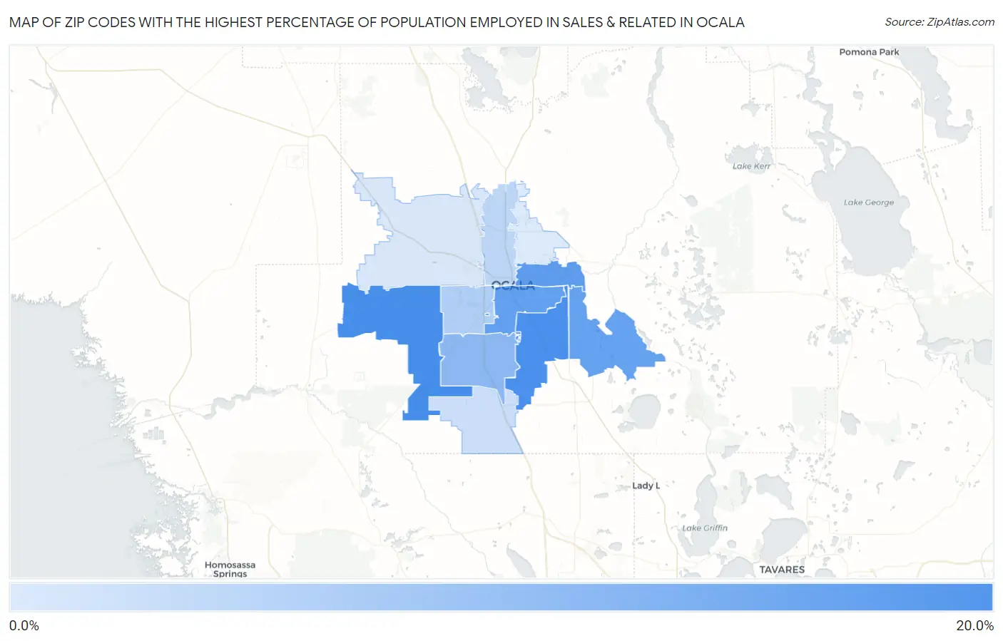 Zip Codes with the Highest Percentage of Population Employed in Sales & Related in Ocala Map
