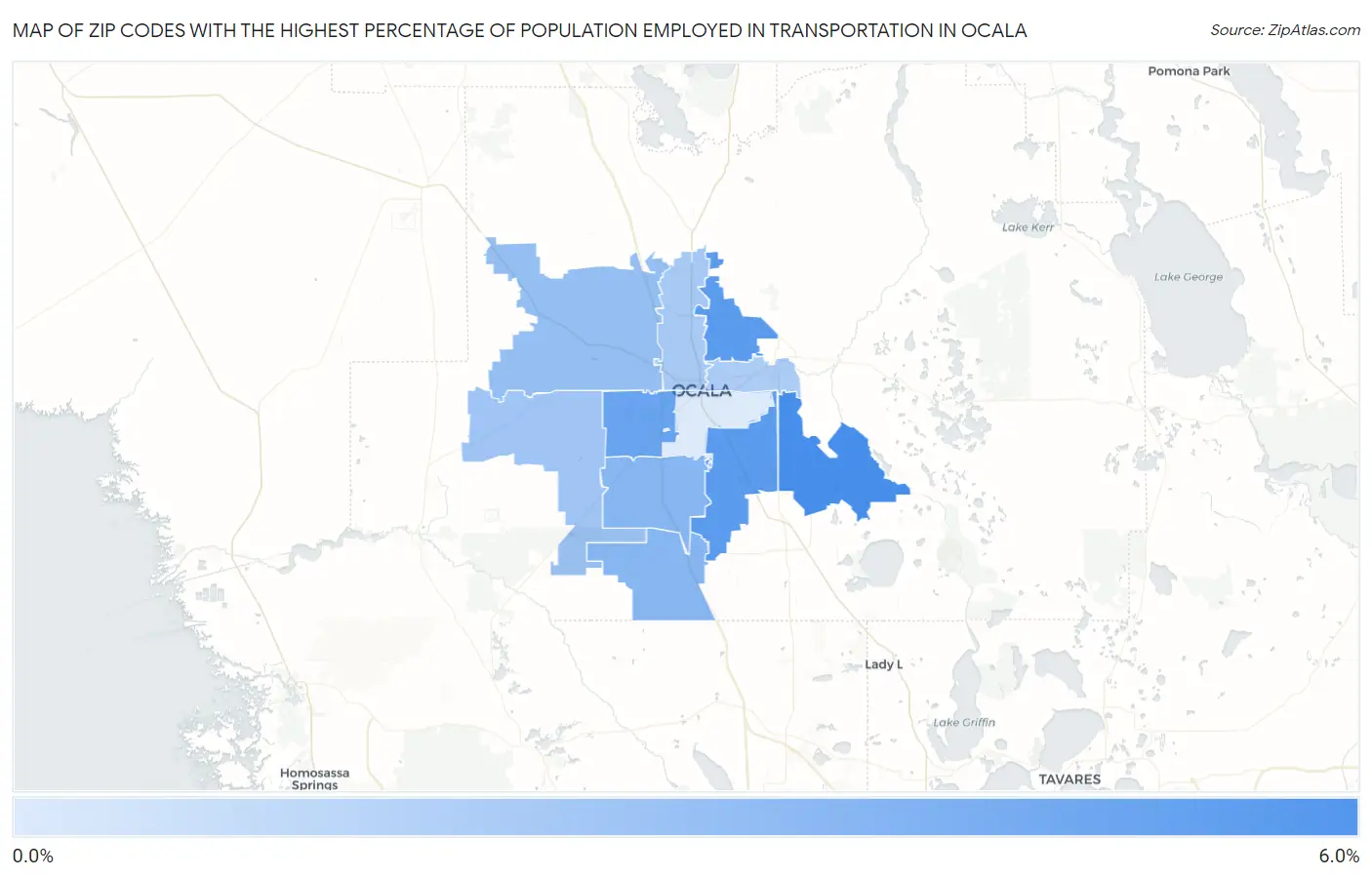Zip Codes with the Highest Percentage of Population Employed in Transportation in Ocala Map