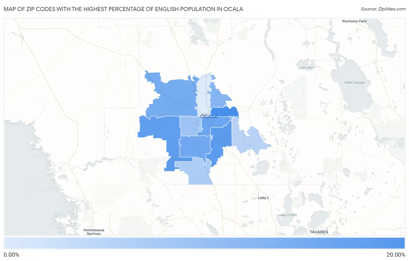 Zip Codes with the Highest Percentage of English Population in Ocala Map