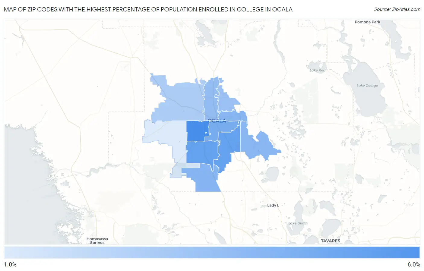 Zip Codes with the Highest Percentage of Population Enrolled in College in Ocala Map