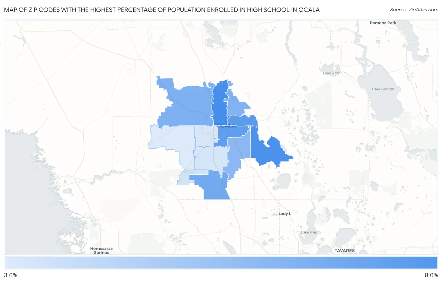 Zip Codes with the Highest Percentage of Population Enrolled in High School in Ocala Map