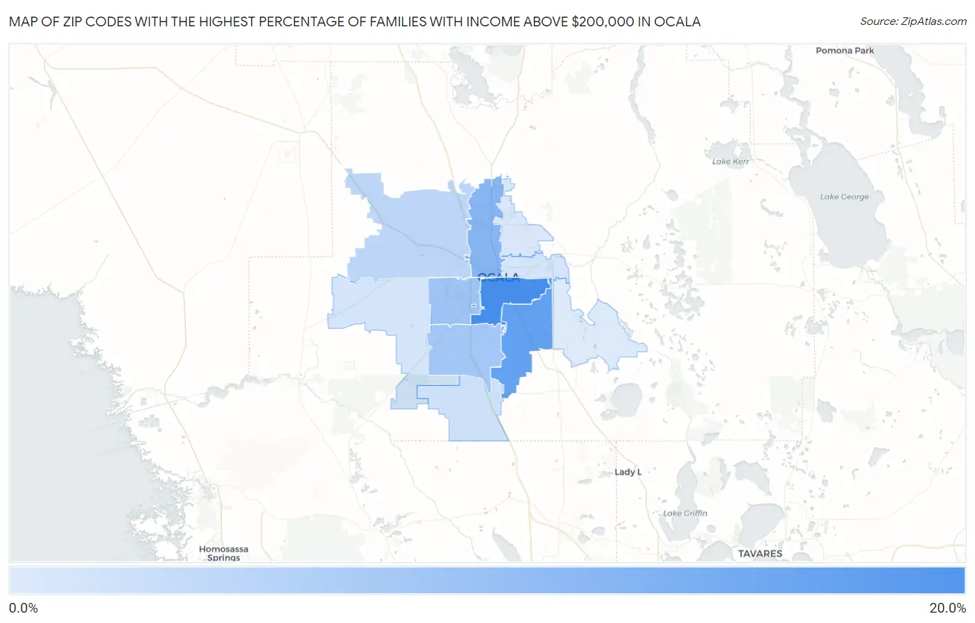 Zip Codes with the Highest Percentage of Families with Income Above $200,000 in Ocala Map