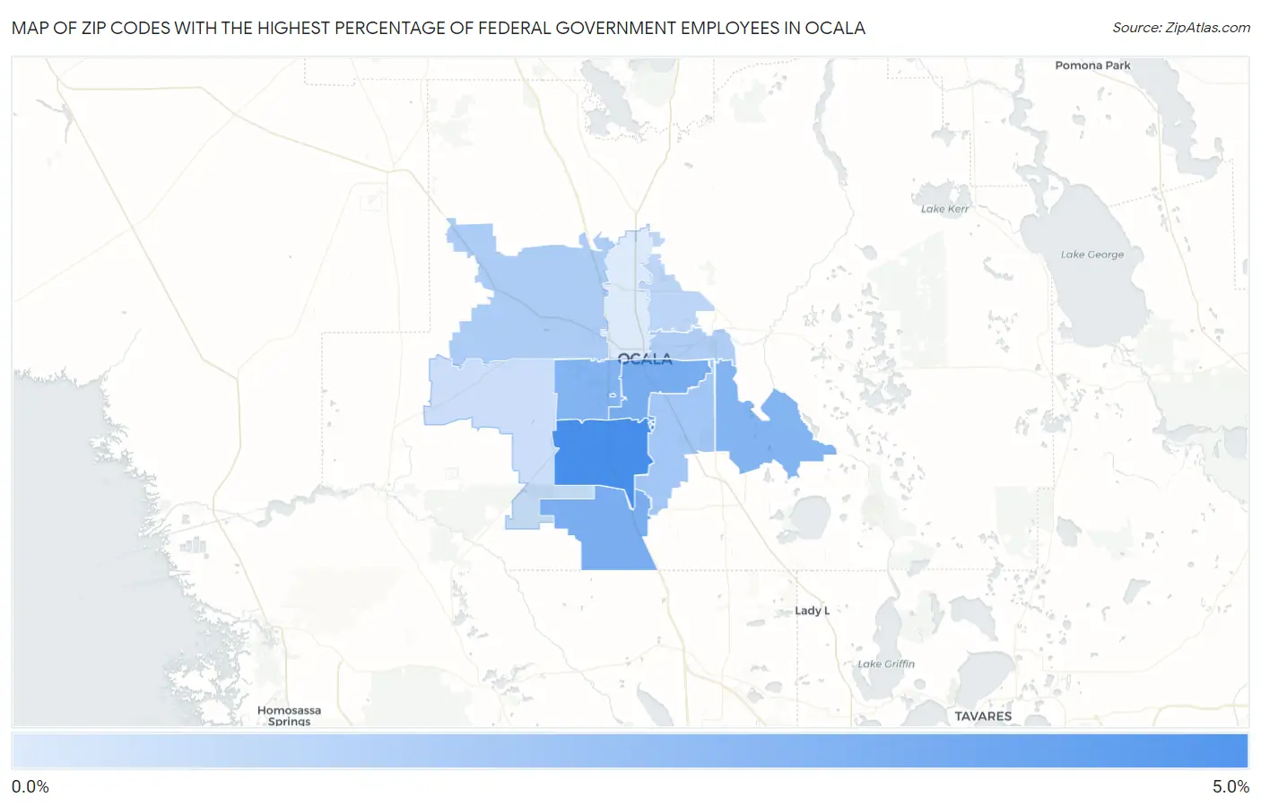 Zip Codes with the Highest Percentage of Federal Government Employees in Ocala Map
