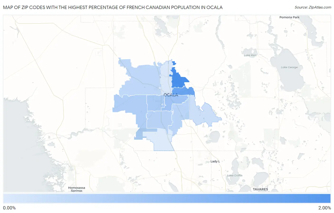 Zip Codes with the Highest Percentage of French Canadian Population in Ocala Map