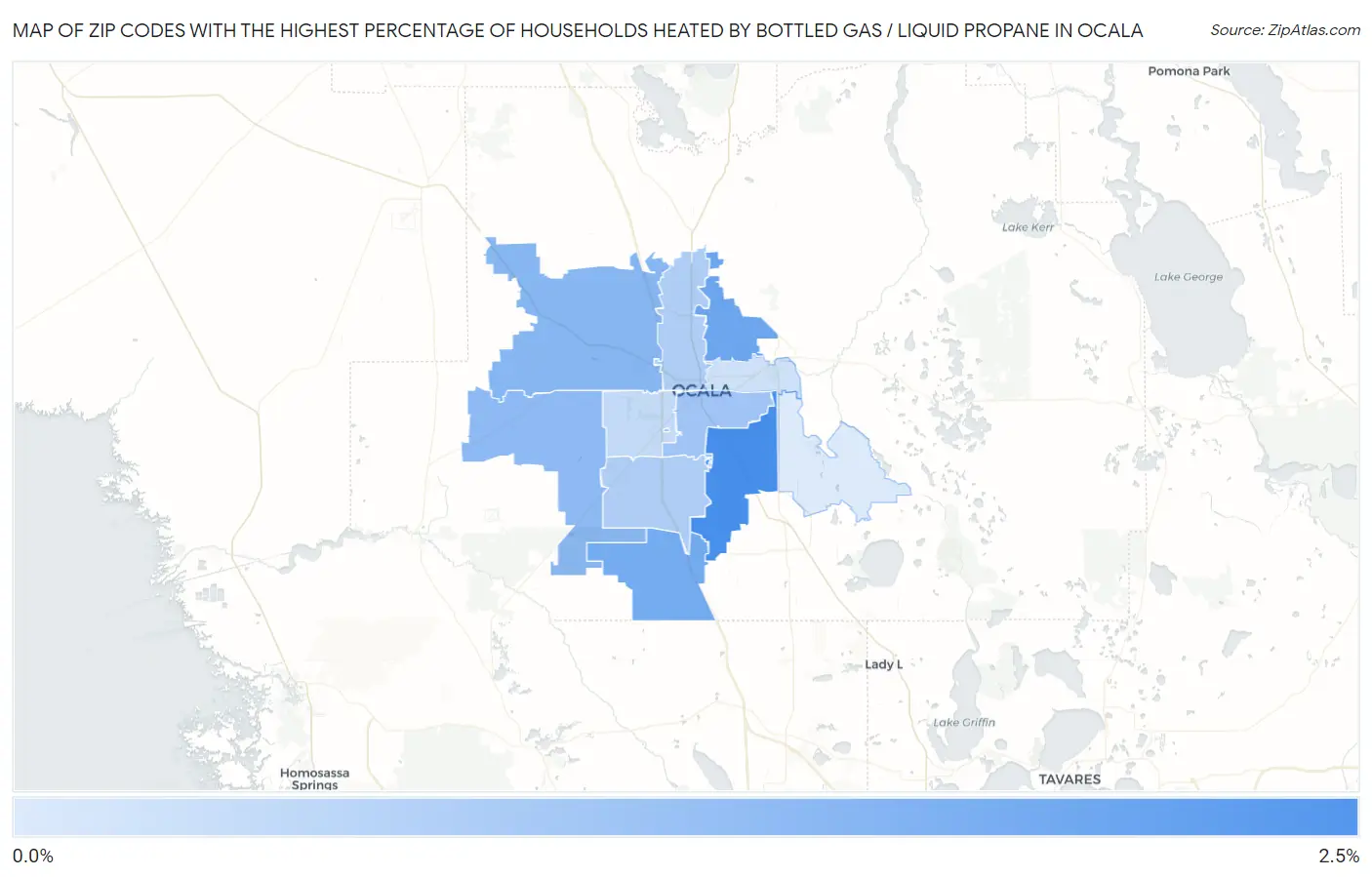 Zip Codes with the Highest Percentage of Households Heated by Bottled Gas / Liquid Propane in Ocala Map