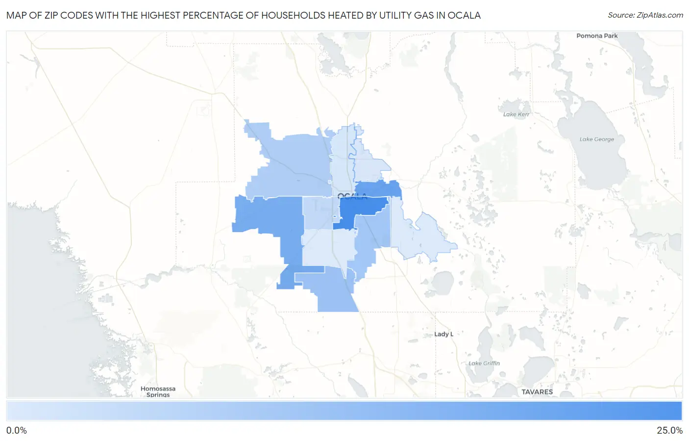 Zip Codes with the Highest Percentage of Households Heated by Utility Gas in Ocala Map