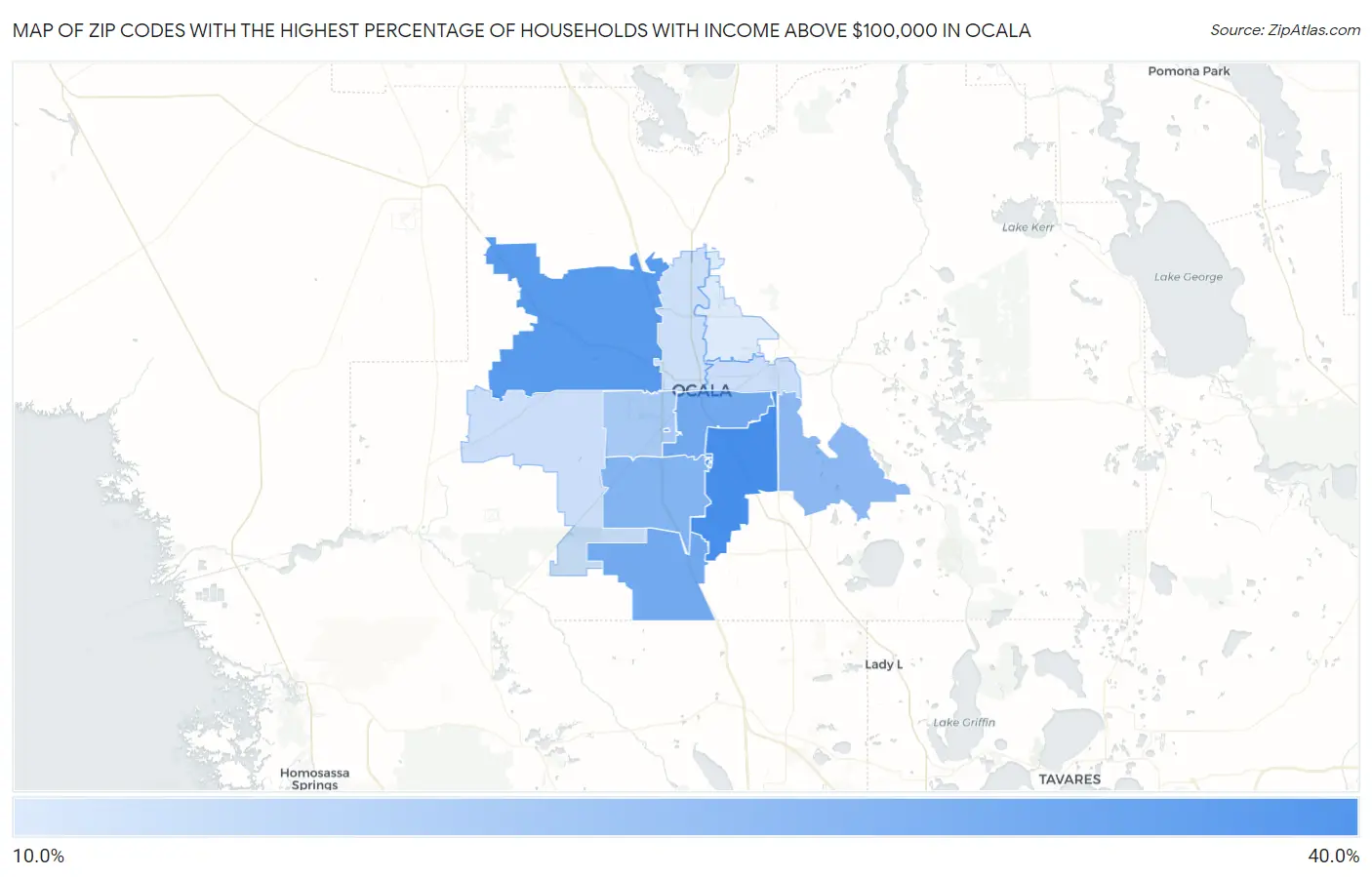 Zip Codes with the Highest Percentage of Households with Income Above $100,000 in Ocala Map