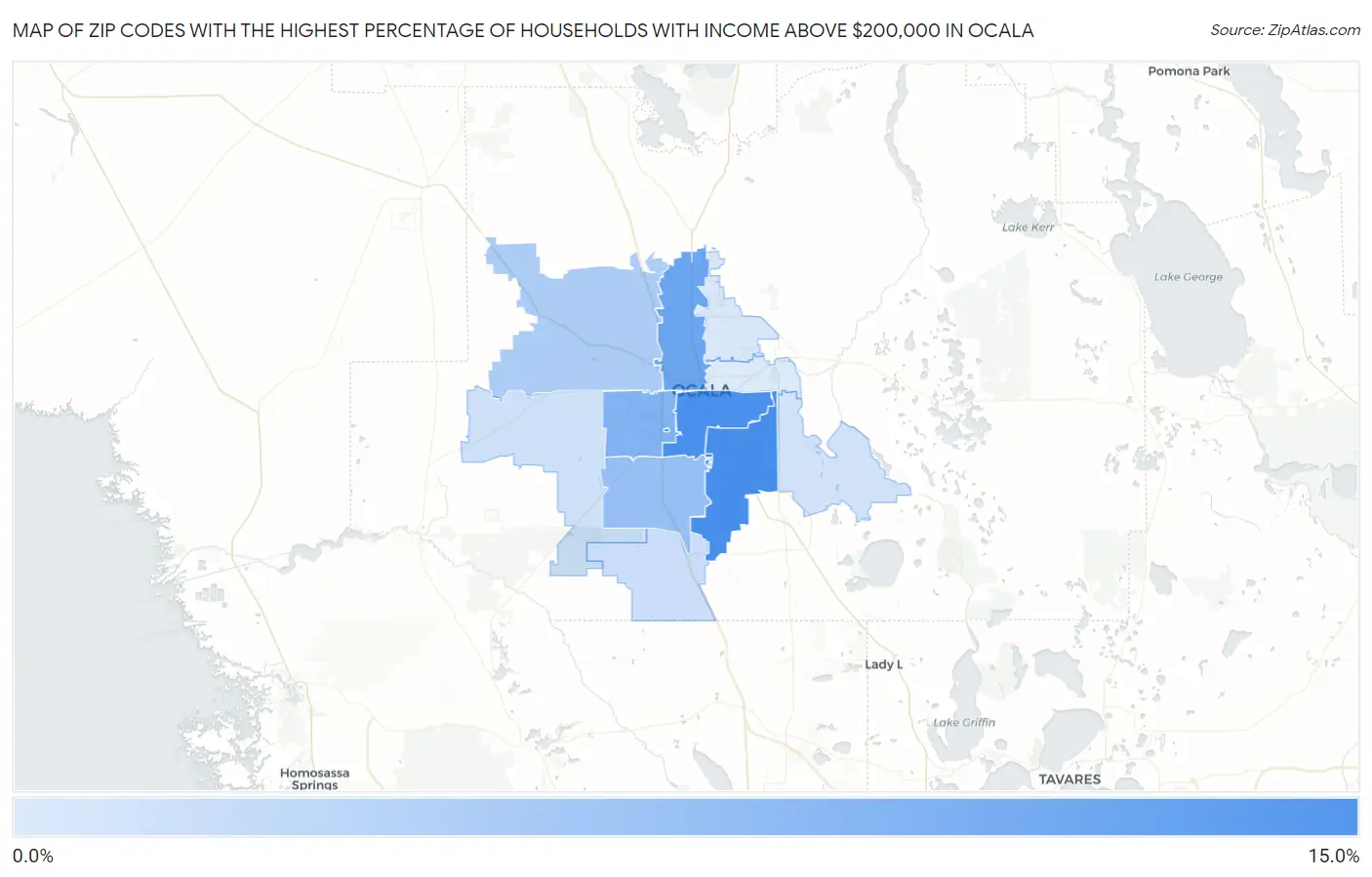 Zip Codes with the Highest Percentage of Households with Income Above $200,000 in Ocala Map