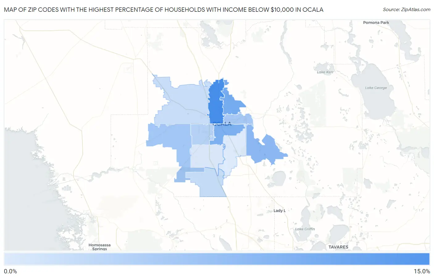 Zip Codes with the Highest Percentage of Households with Income Below $10,000 in Ocala Map