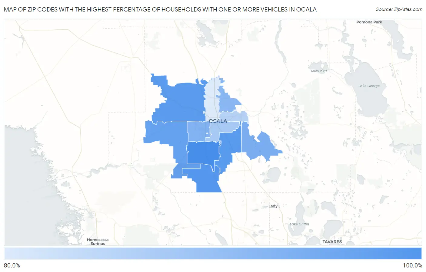 Zip Codes with the Highest Percentage of Households With One or more Vehicles in Ocala Map