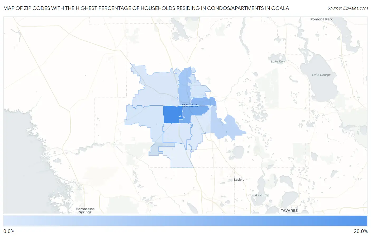 Zip Codes with the Highest Percentage of Households Residing in Condos/Apartments in Ocala Map