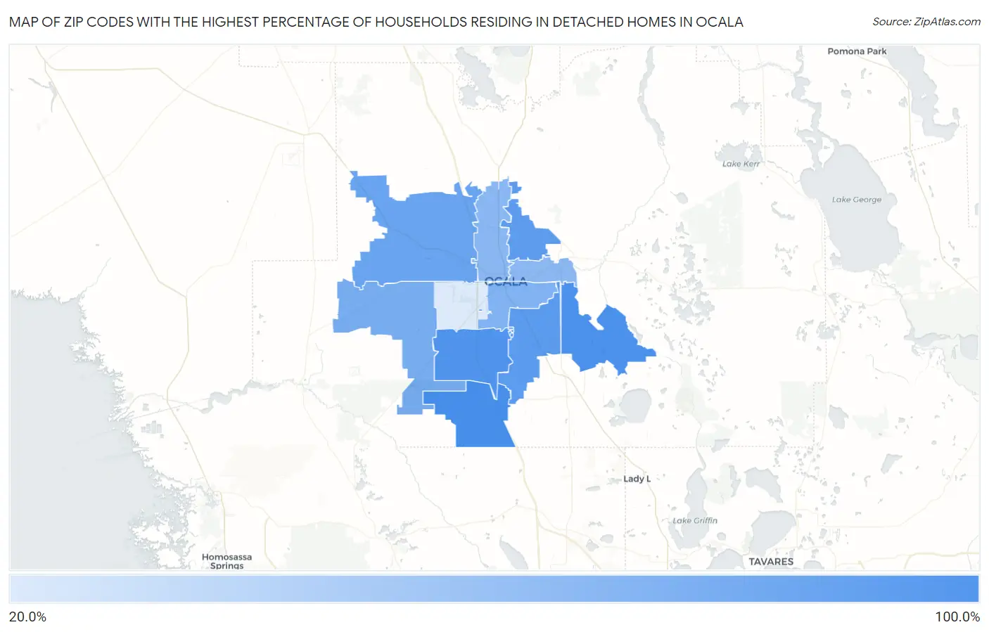Zip Codes with the Highest Percentage of Households Residing in Detached Homes in Ocala Map
