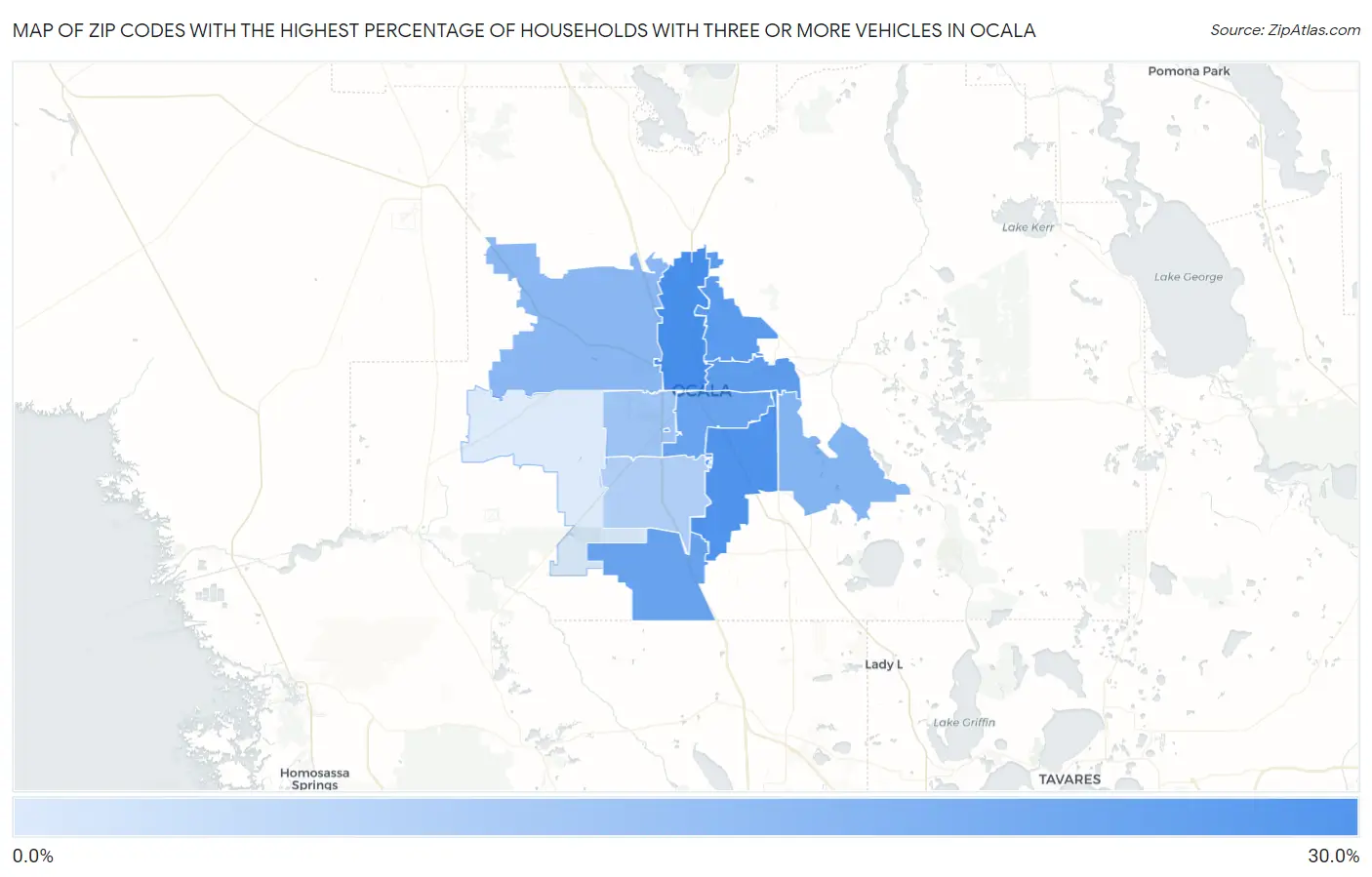 Zip Codes with the Highest Percentage of Households With Three or more Vehicles in Ocala Map