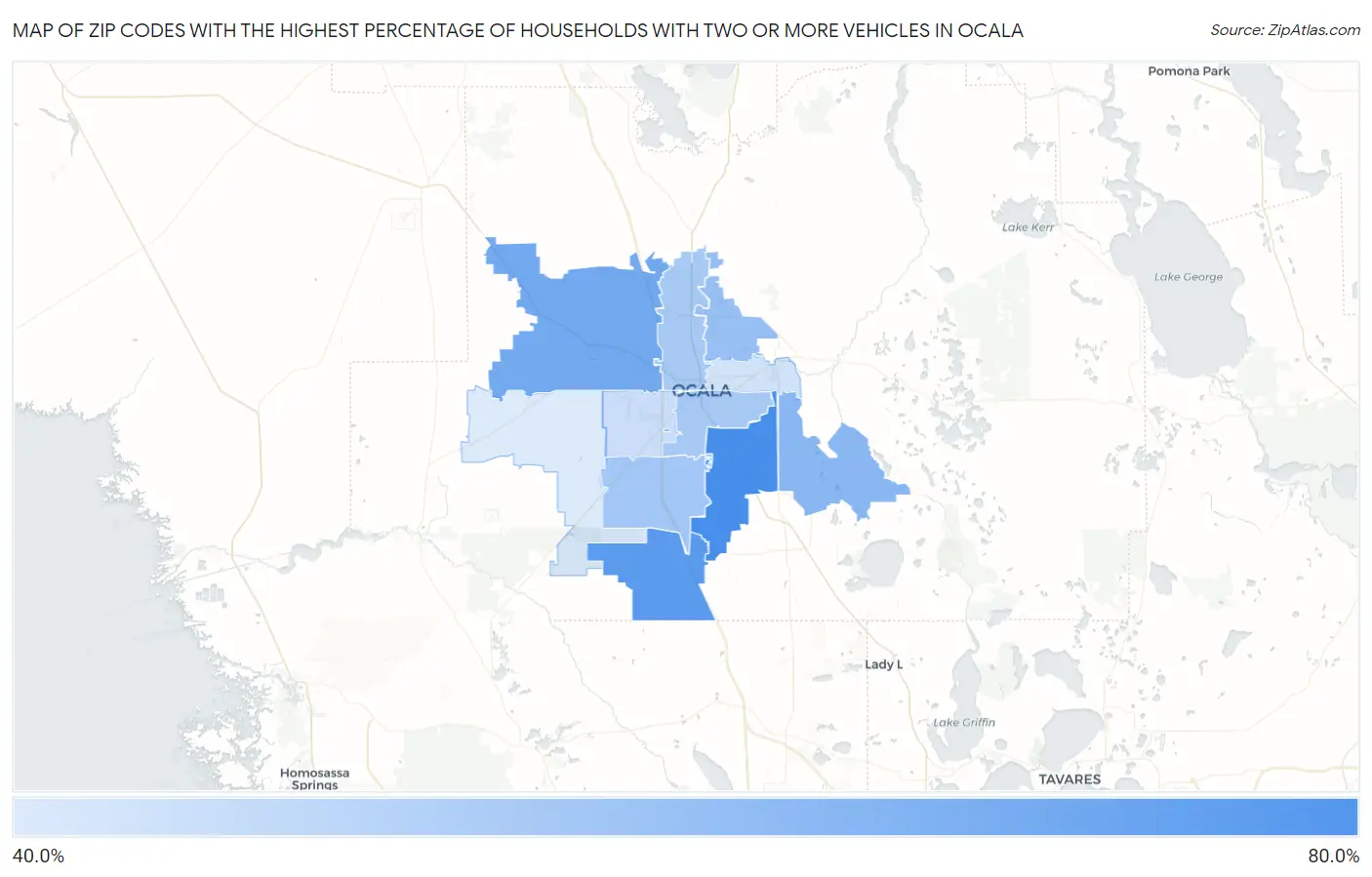 Zip Codes with the Highest Percentage of Households With Two or more Vehicles in Ocala Map