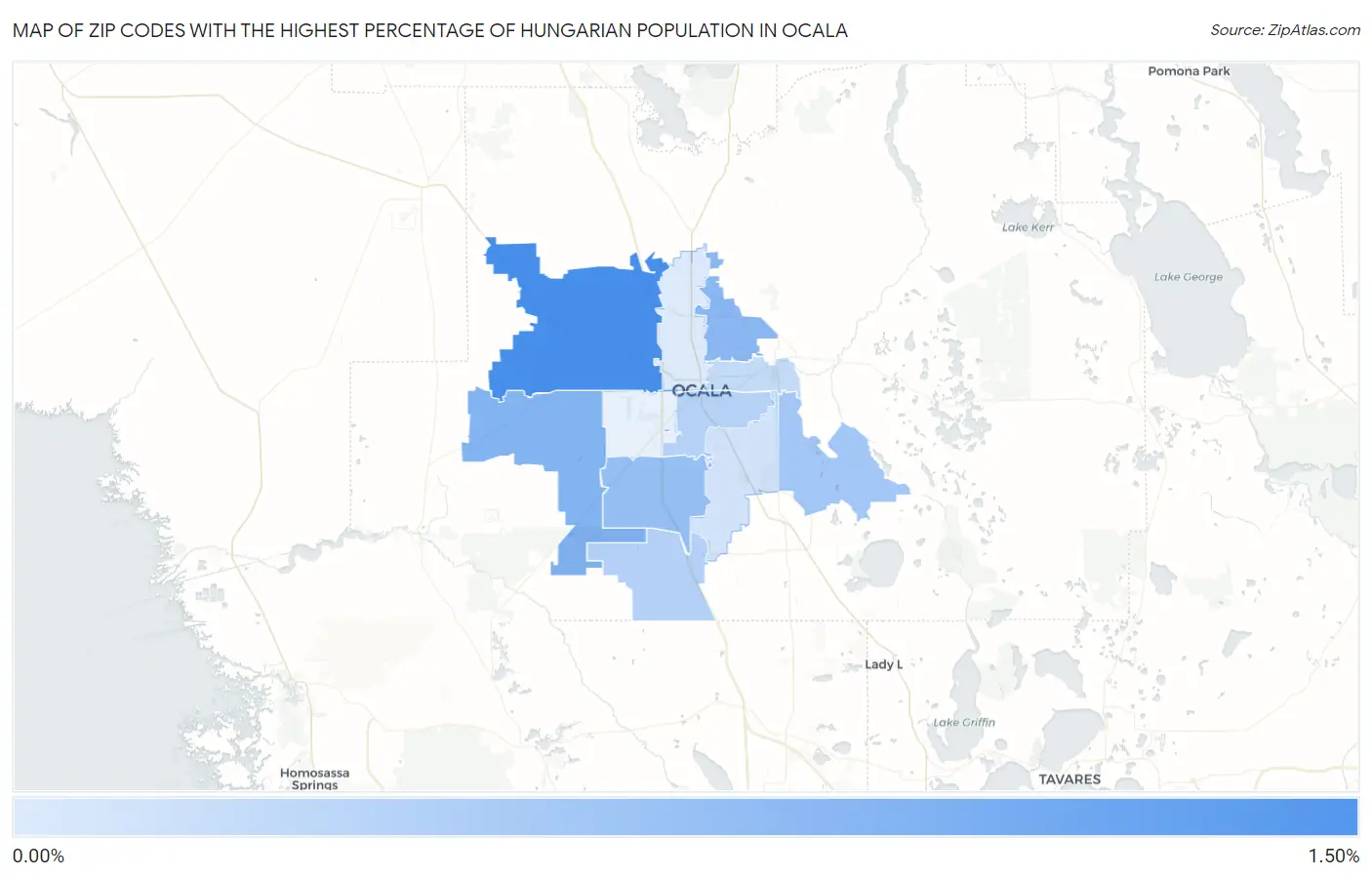 Zip Codes with the Highest Percentage of Hungarian Population in Ocala Map