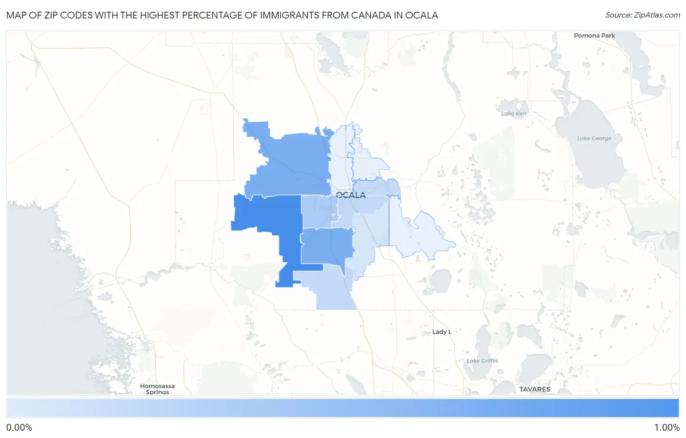 Zip Codes with the Highest Percentage of Immigrants from Canada in Ocala Map