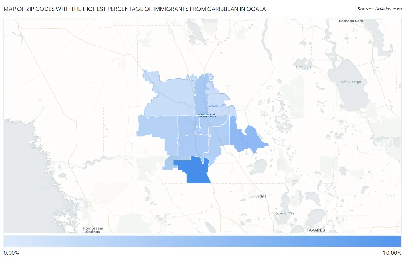 Zip Codes with the Highest Percentage of Immigrants from Caribbean in Ocala Map