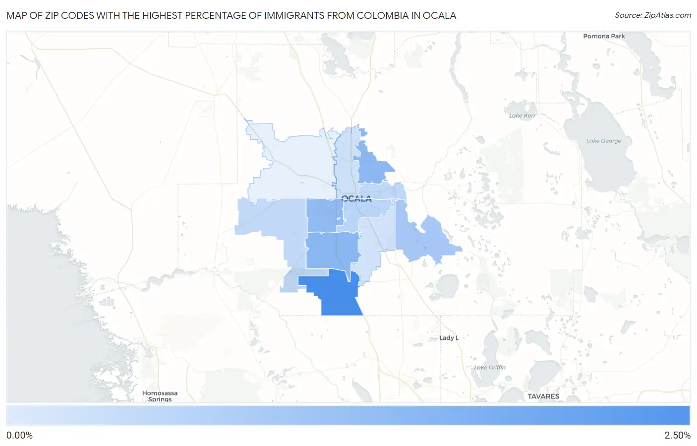 Zip Codes with the Highest Percentage of Immigrants from Colombia in Ocala Map