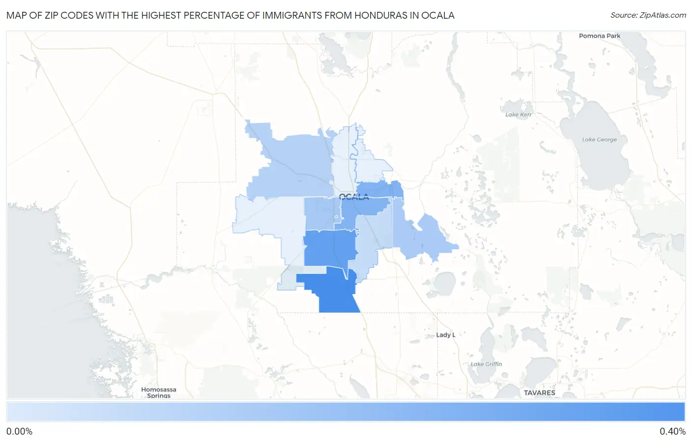 Zip Codes with the Highest Percentage of Immigrants from Honduras in Ocala Map
