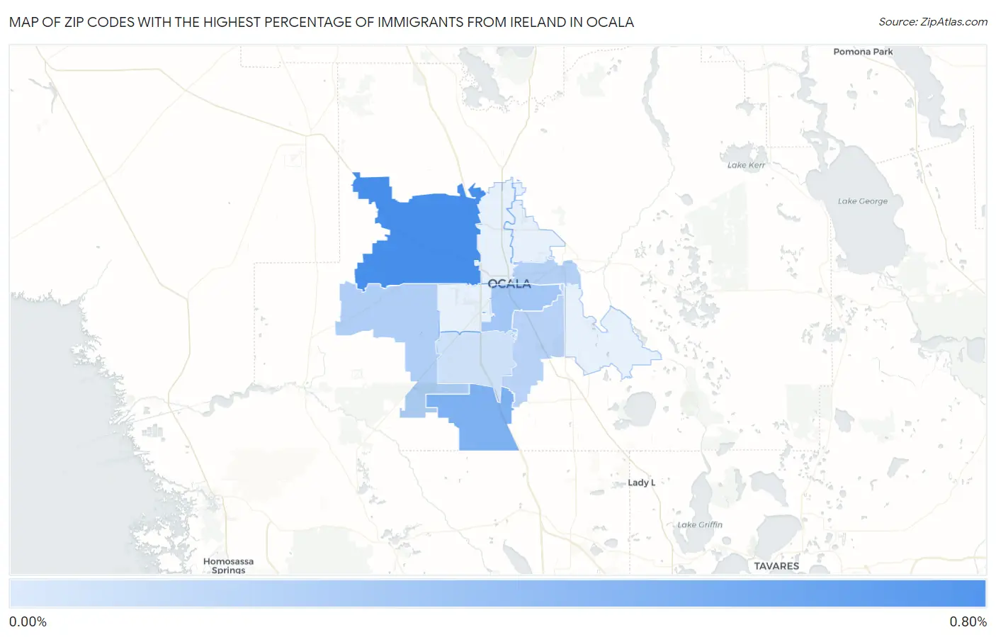 Zip Codes with the Highest Percentage of Immigrants from Ireland in Ocala Map