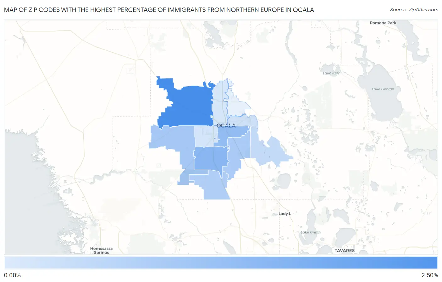 Zip Codes with the Highest Percentage of Immigrants from Northern Europe in Ocala Map