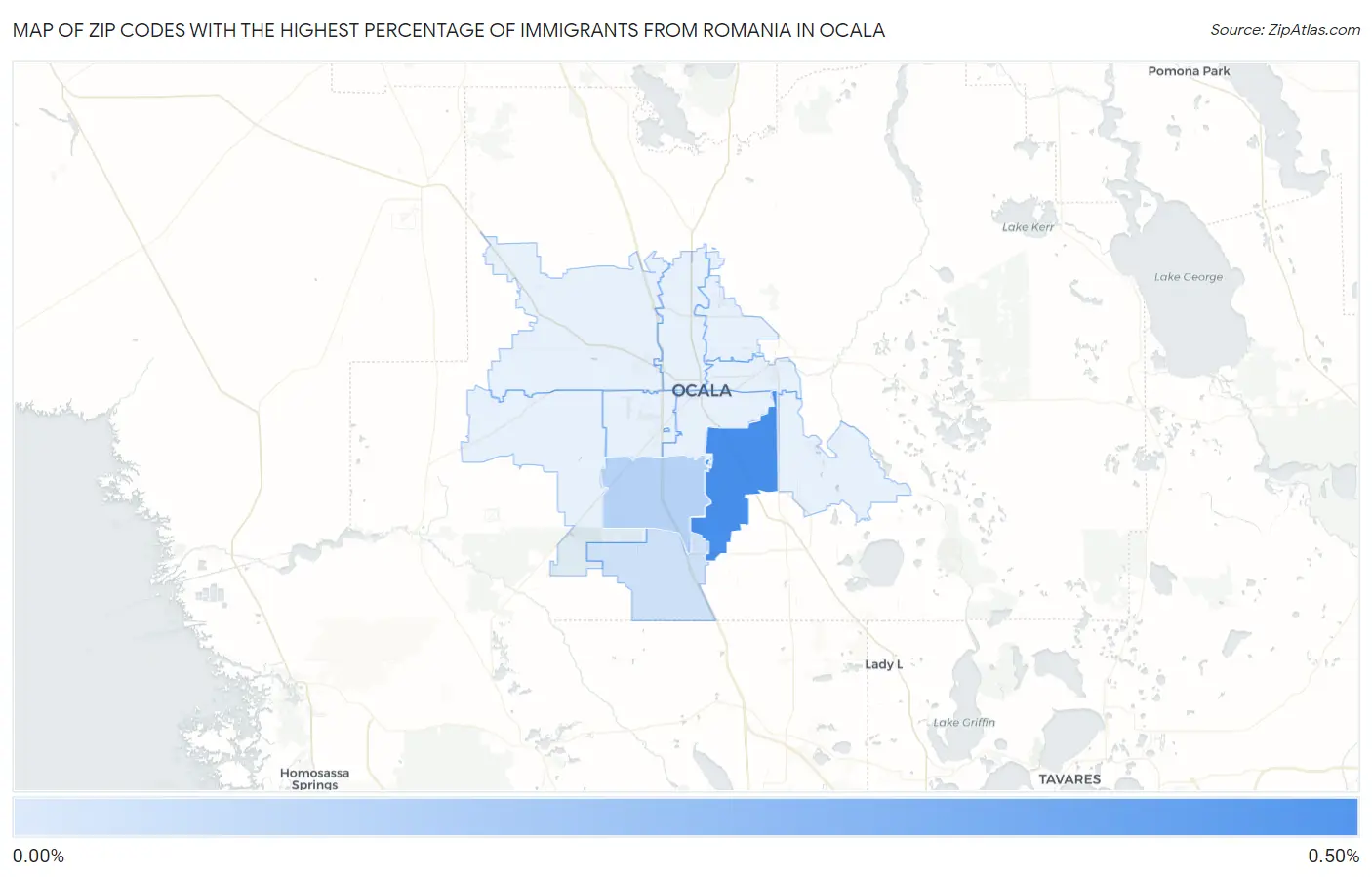 Zip Codes with the Highest Percentage of Immigrants from Romania in Ocala Map