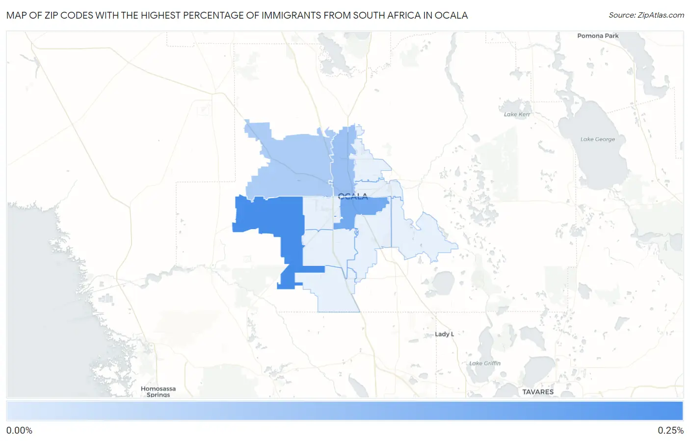 Zip Codes with the Highest Percentage of Immigrants from South Africa in Ocala Map