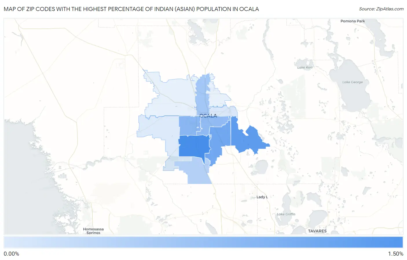 Zip Codes with the Highest Percentage of Indian (Asian) Population in Ocala Map