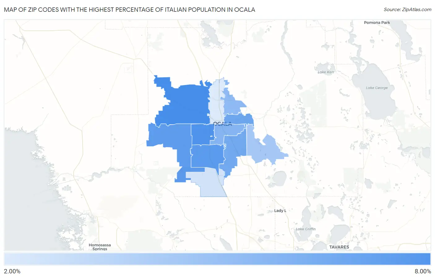 Zip Codes with the Highest Percentage of Italian Population in Ocala Map