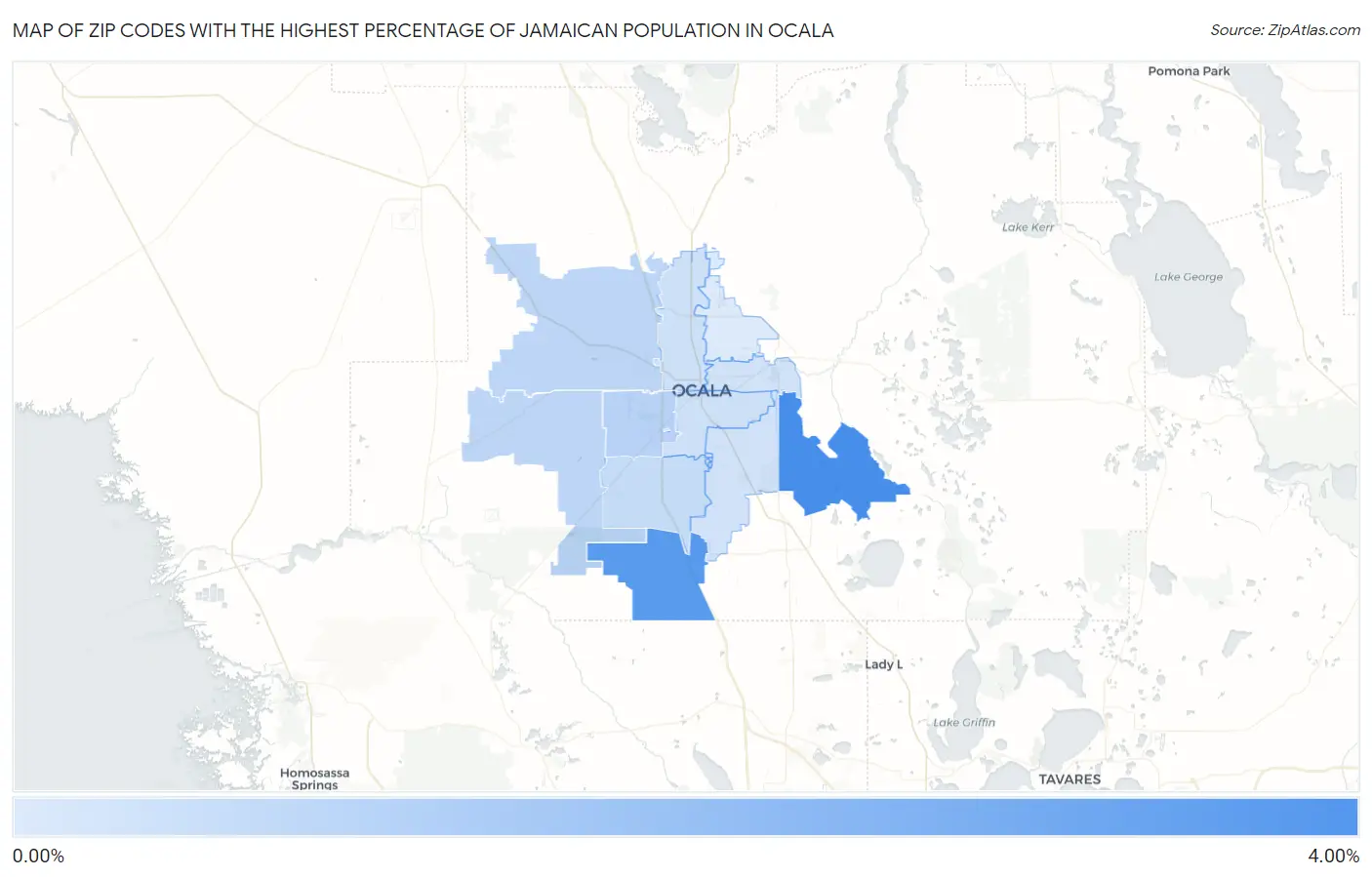 Zip Codes with the Highest Percentage of Jamaican Population in Ocala Map