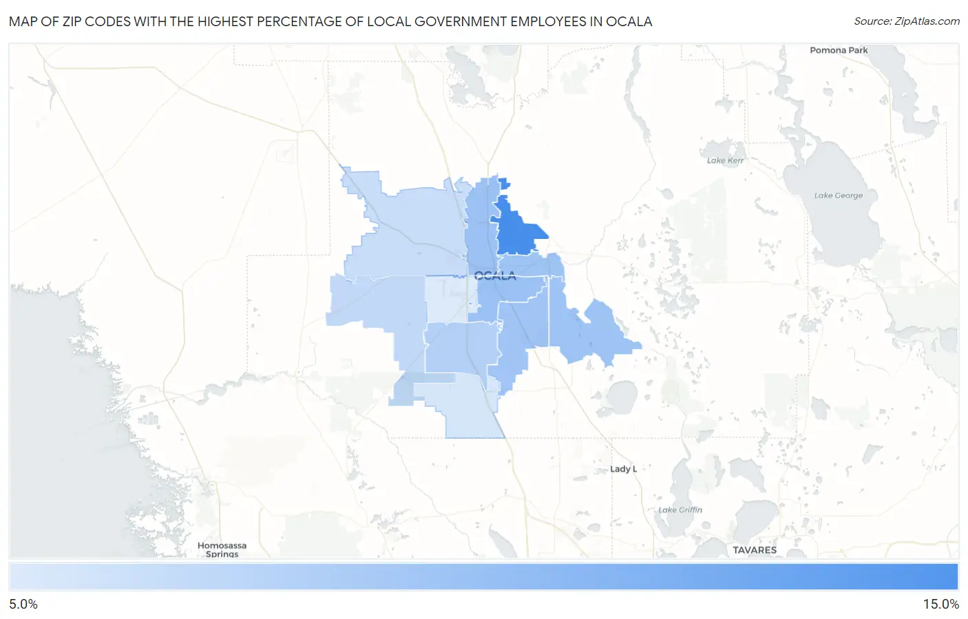 Zip Codes with the Highest Percentage of Local Government Employees in Ocala Map