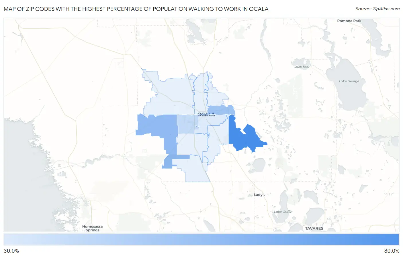 Zip Codes with the Highest Percentage of Population Walking to Work in Ocala Map