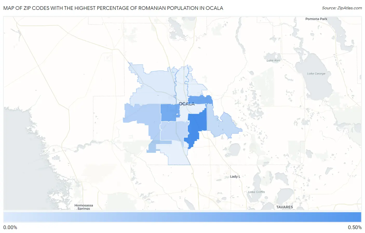 Zip Codes with the Highest Percentage of Romanian Population in Ocala Map