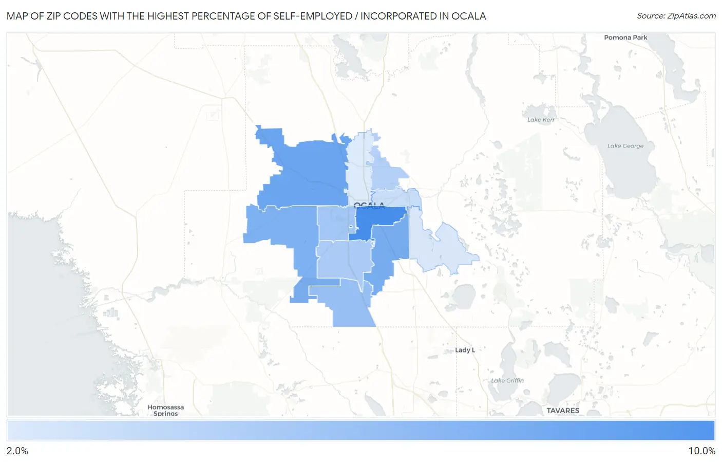 Zip Codes with the Highest Percentage of Self-Employed / Incorporated in Ocala Map