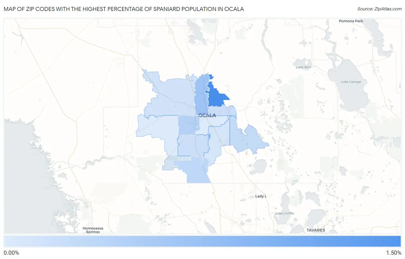 Zip Codes with the Highest Percentage of Spaniard Population in Ocala Map