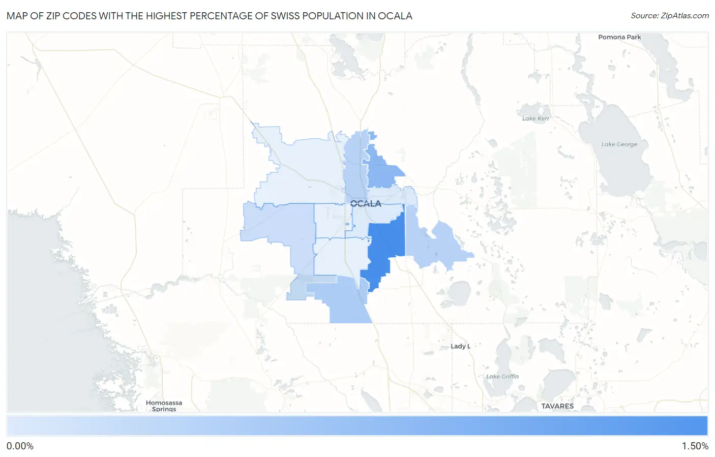 Zip Codes with the Highest Percentage of Swiss Population in Ocala Map