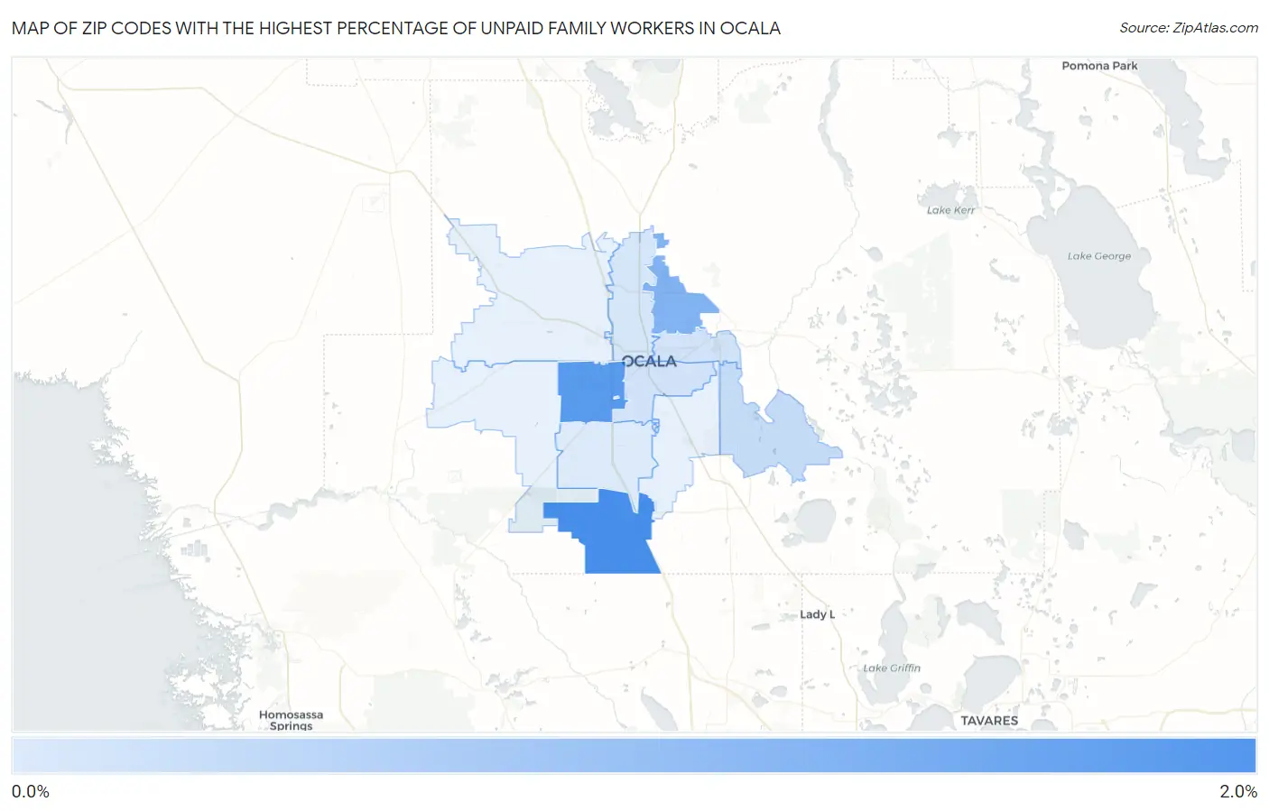 Zip Codes with the Highest Percentage of Unpaid Family Workers in Ocala Map