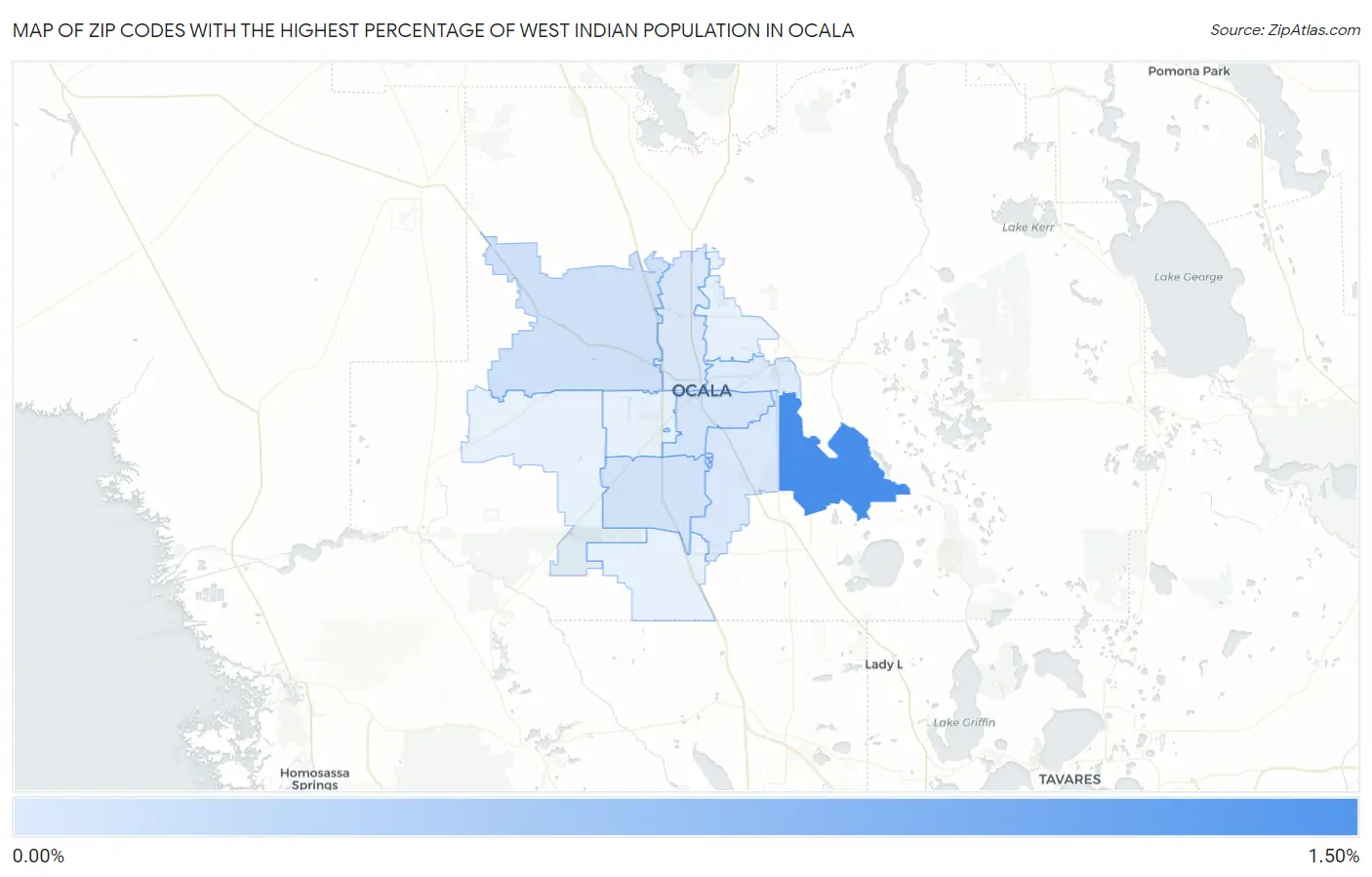 Zip Codes with the Highest Percentage of West Indian Population in Ocala Map