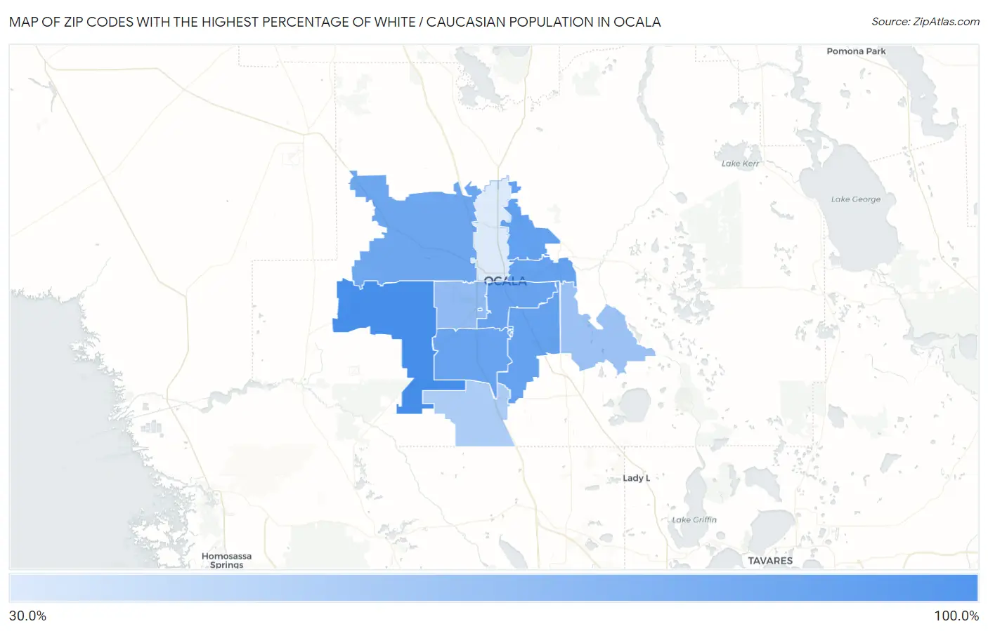 Zip Codes with the Highest Percentage of White / Caucasian Population in Ocala Map